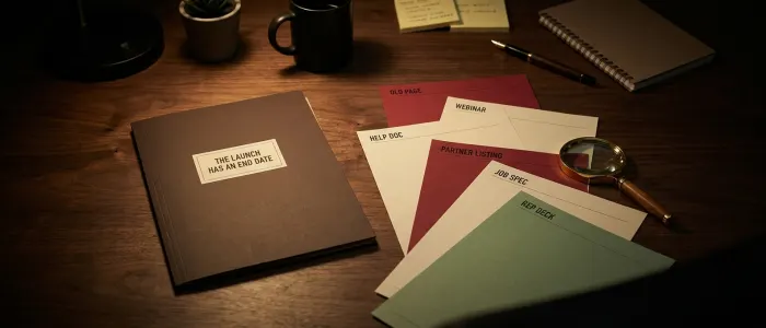 A closed folder labelled the launch has an end date, beside six older sheets fanned out and labelled old page, webinar, help doc, partner listing, job spec and rep deck.