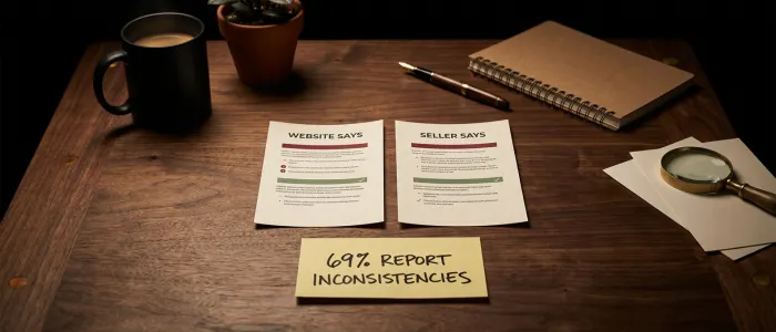 Two printed sheets side by side, one headed website says and the other seller says, with different lines highlighted on each, and a note beneath reading 69% report inconsistencies.