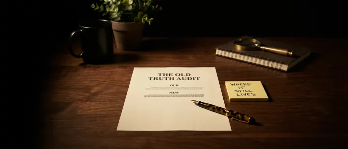 A sheet headed the old truth audit, carrying one line marked old and one marked new, beside a note reading where it still lives.