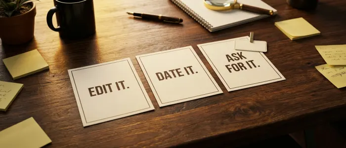 Three cards laid in a row reading edit it, date it and ask for it, with a blank name tag clipped to the third.