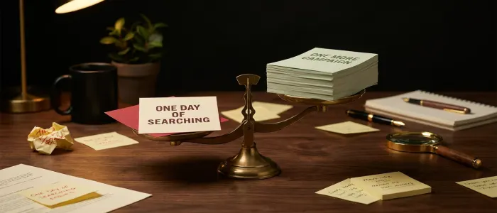 A balance scale with a single sheet reading one day of searching outweighing a thick stack labelled one more campaign.